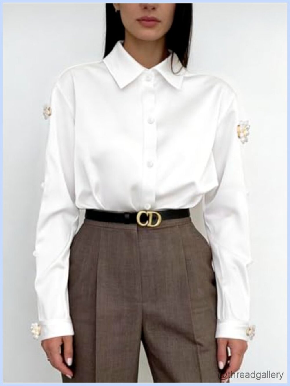 Elegant Satin Blouse Pearl Flower Embellishments Long Sleeve Button Down - Picture 2 of 6